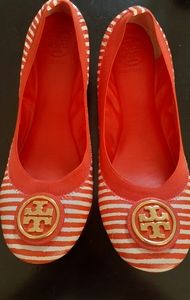 Tory Burch- Orange Striped Leather Flats, Size 7.5